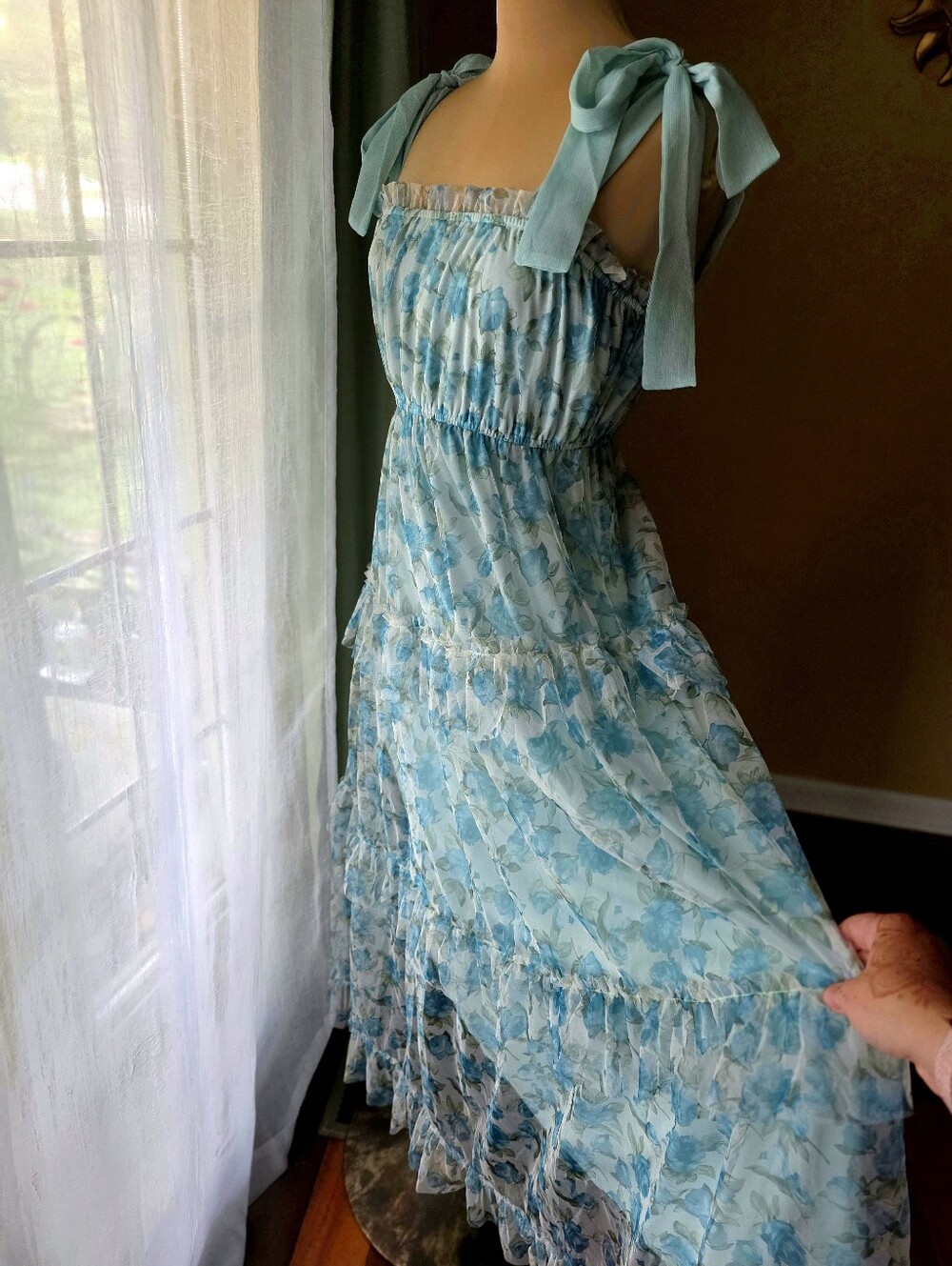 Blue Floral Tiered Maxi Dress Tie Shoulder Cottagecore Wedding Guest MINE Small - Picture 2 of 12